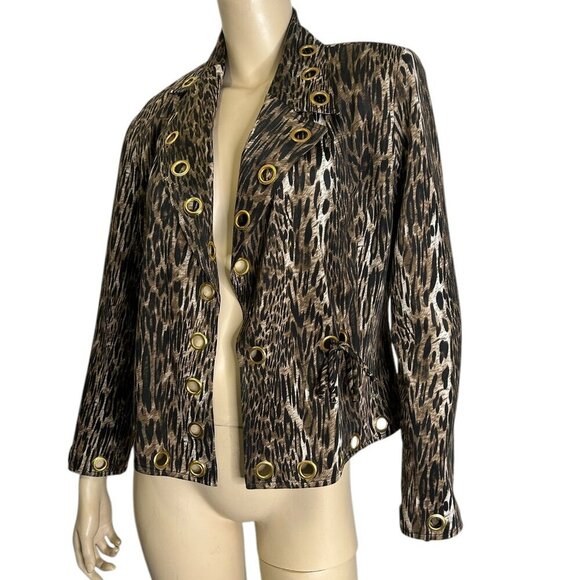 Joseph Ribkoff Leopard Jacket Sz 4 | Cropped Rivet Tie Front Blazer Punk Edgy - Picture 2 of 8